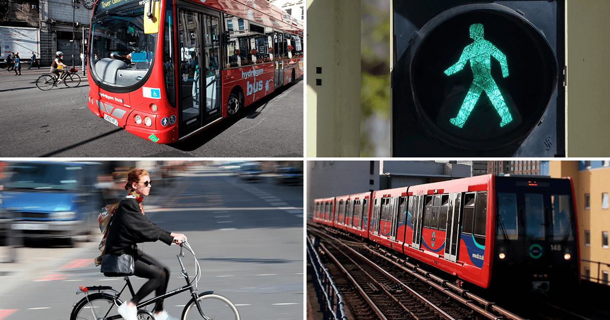 transport showing bus, person on bicycle, metro train, green man traffic light