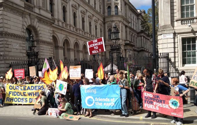 EFoE_at_DowningSt_680_432 Ealing Friends of the Earth joins protesters at Downing Street, calling for climate action.